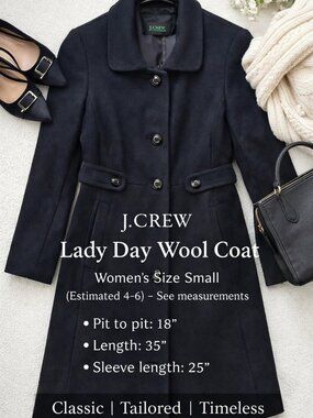J.Crew Lady Day Black Wool Coat Classic Tailored Size - Small 4 6